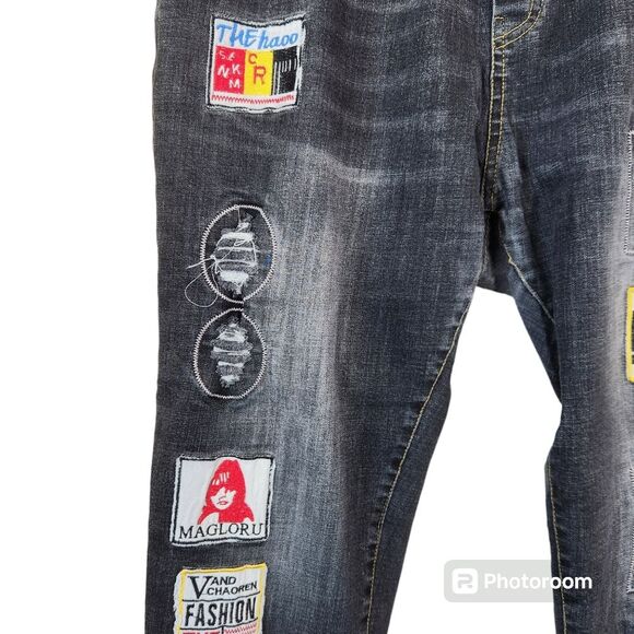 Elastic Waistline 5 Pocket Patchwork Denim Jeans 31x26 - Picture 4 of 10